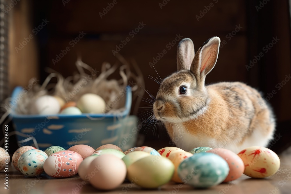 rabbit sitting next to a bowl of colorful Easter eggs. Generative AI