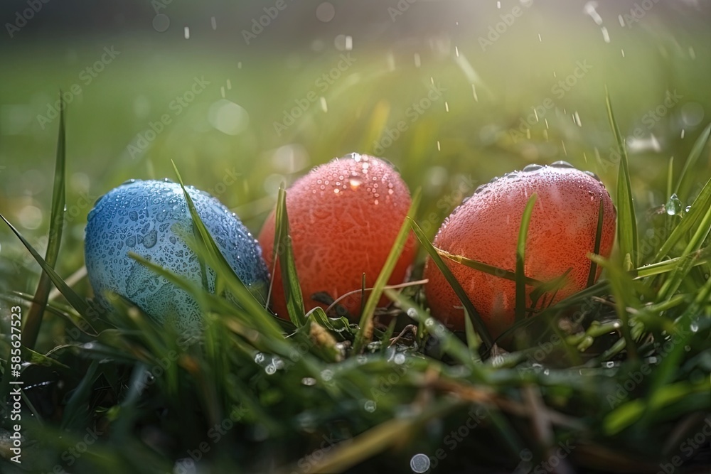 three vibrant Easter eggs nestled in green grass. Generative AI