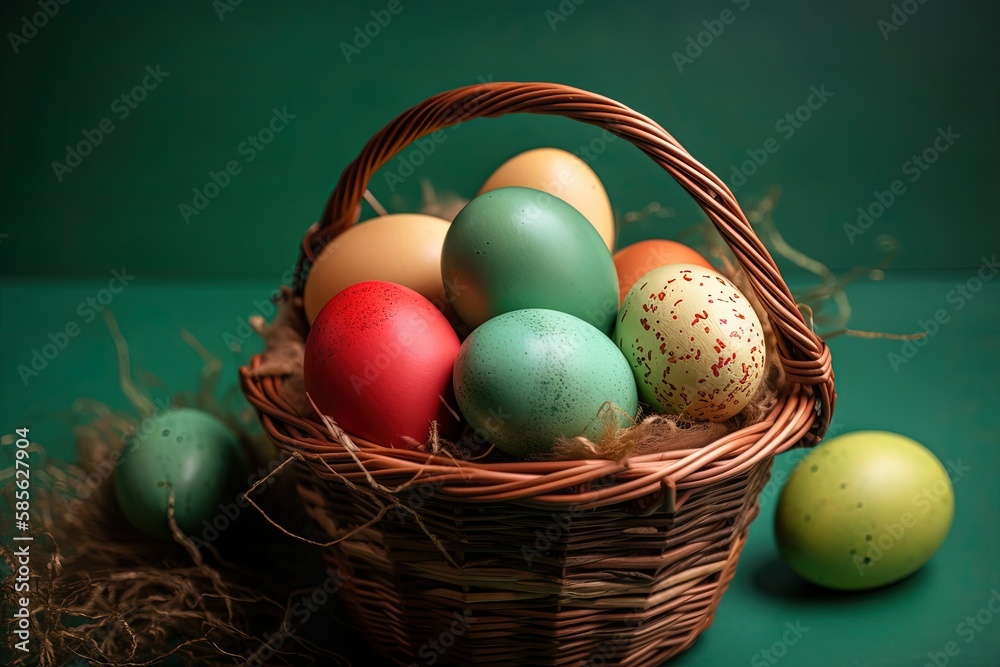 vibrant basket filled with assorted Easter eggs. Generative AI