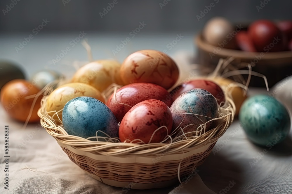 colorful Easter basket filled with eggs. Generative AI