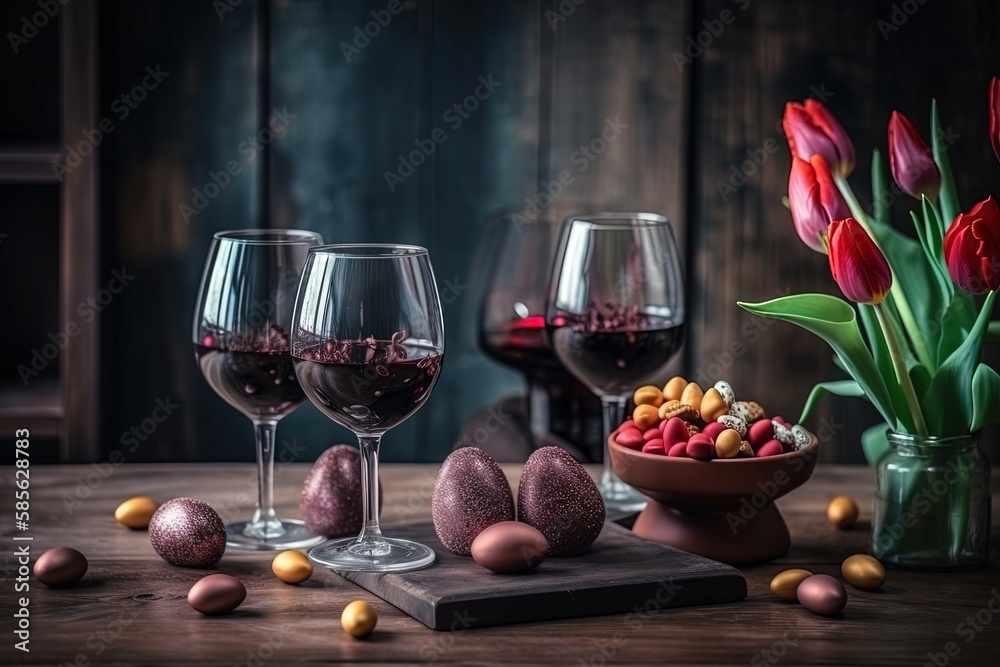 table filled with red wine glasses. Generative AI