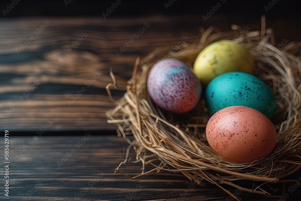 nest with three eggs on a wooden table. Generative AI