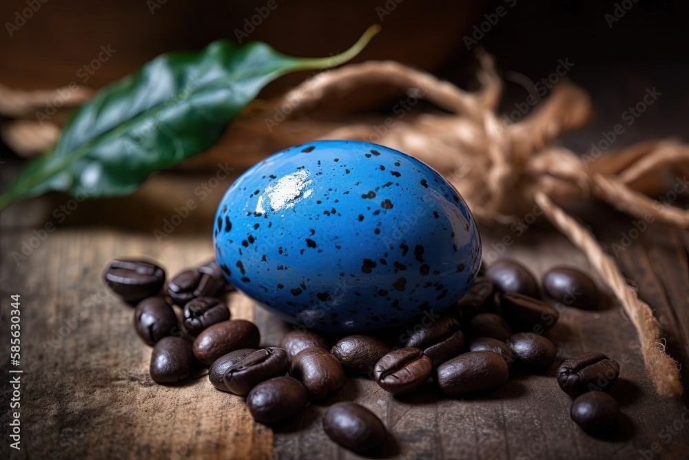 blue egg resting on a bed of aromatic coffee beans. Generative AI