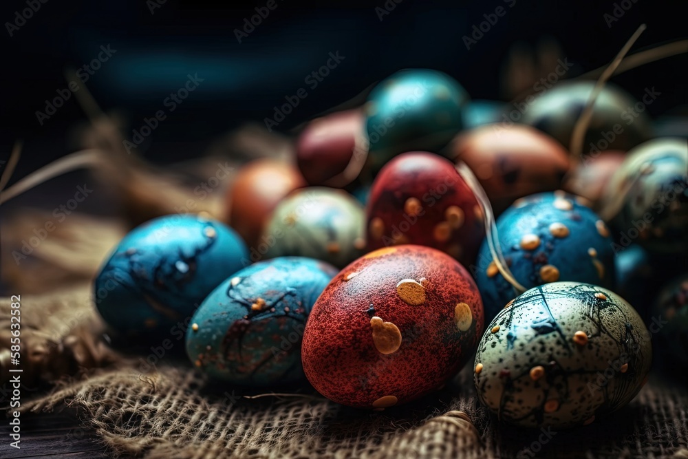 colorful Easter eggs arranged on a table. Generative AI