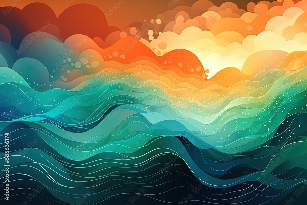 beautiful seascape with a colorful sunset and waves crashing onto the shore. Generative AI