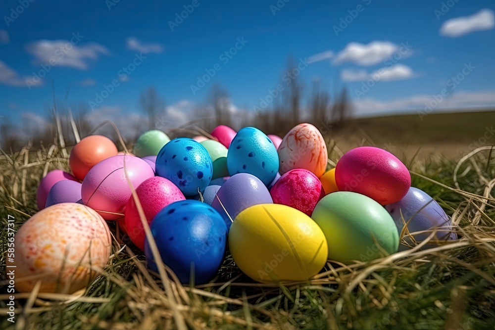 vibrant collection of Easter eggs nestled in lush green grass. Generative AI