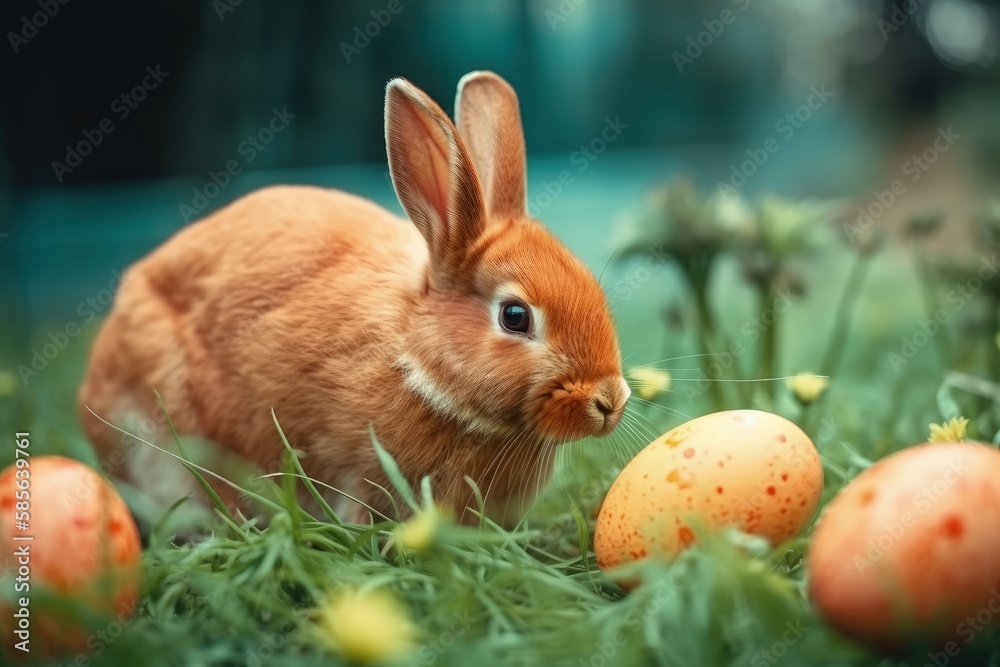 cute bunny sitting next to a basket of colorful eggs in the green grass. Generative AI