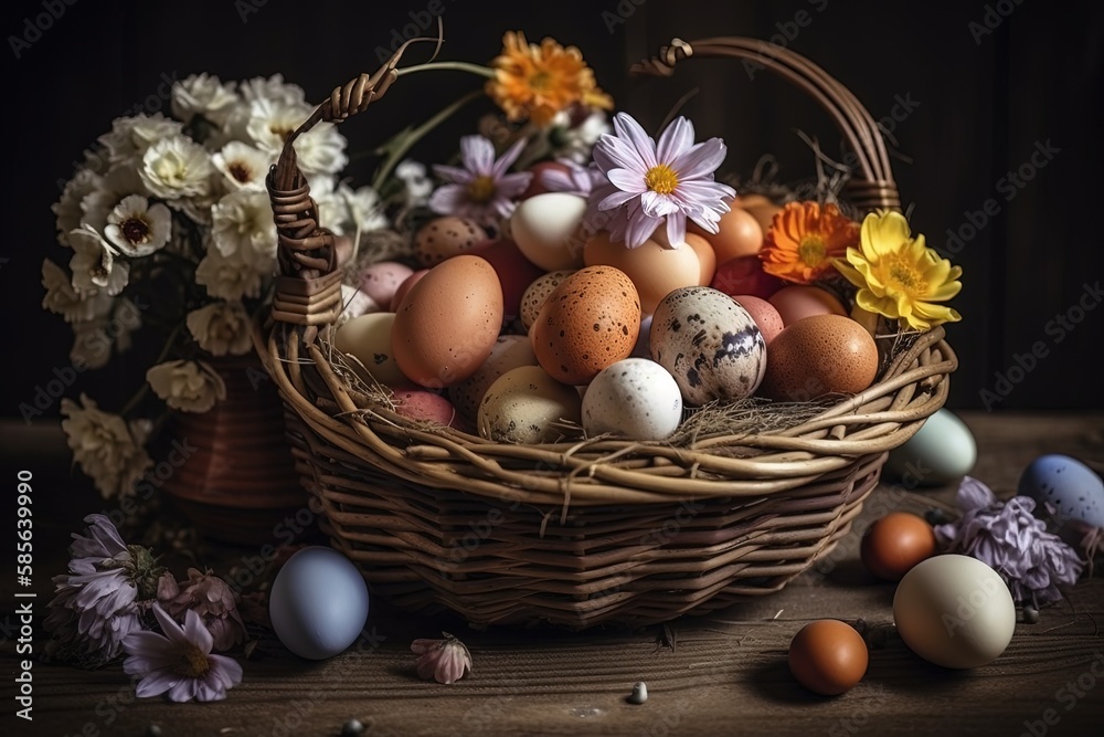 colorful Easter egg basket overflowing with a variety of painted eggs. Generative AI