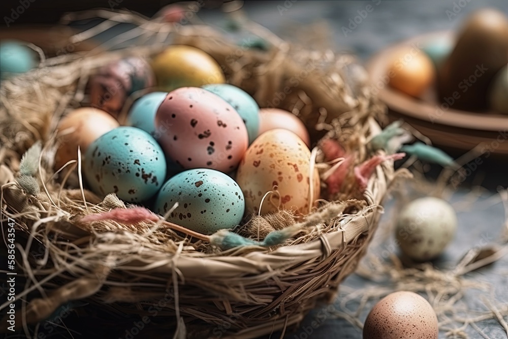 bird nest with eggs sitting on a table in a cozy home setting. Generative AI