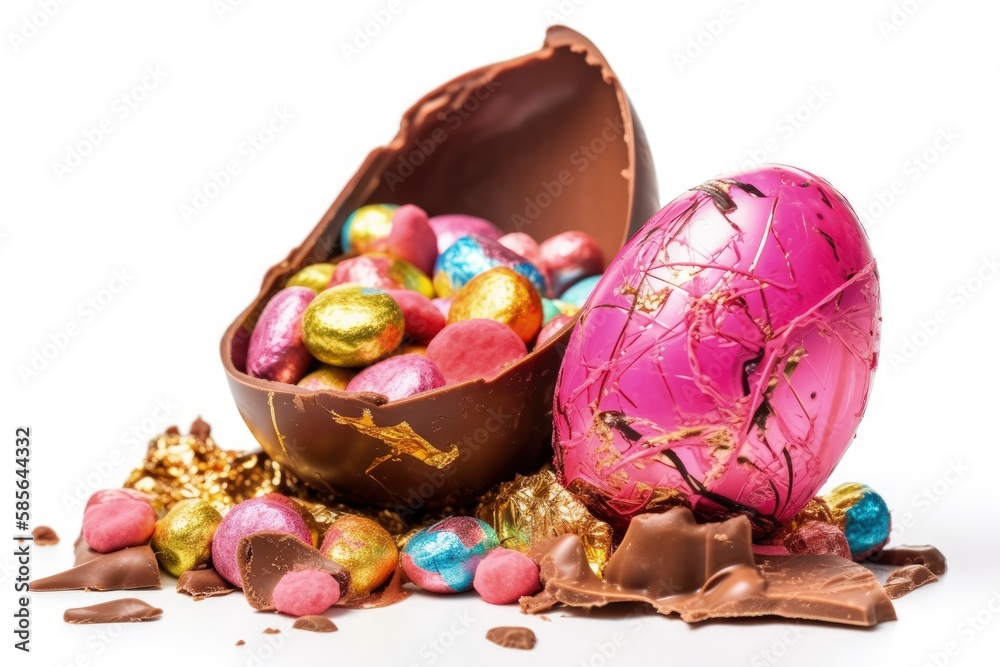 colorful Easter egg basket filled with chocolate eggs and a large chocolate Easter egg in the center