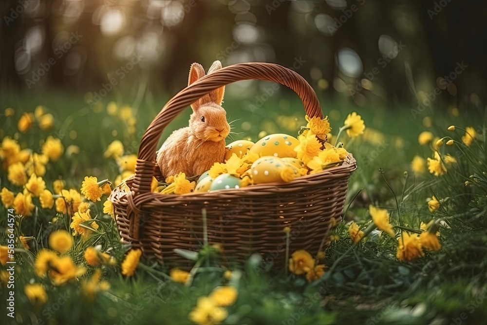 an orange cat sitting on a basket filled with yellow flowers. Generative AI