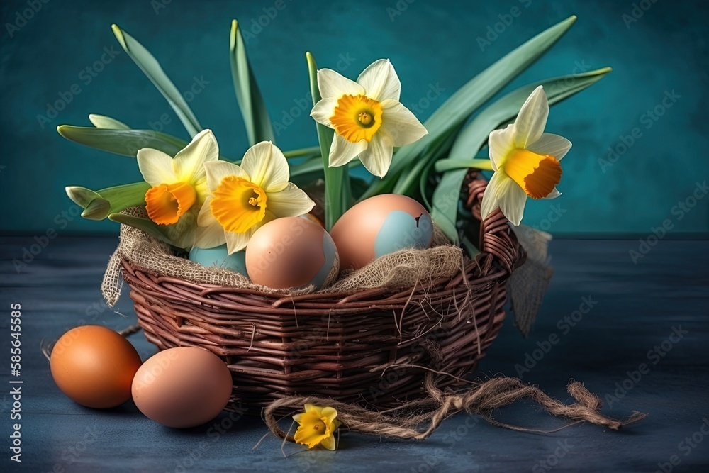 rustic basket filled with fresh eggs and bright daffodils. Generative AI