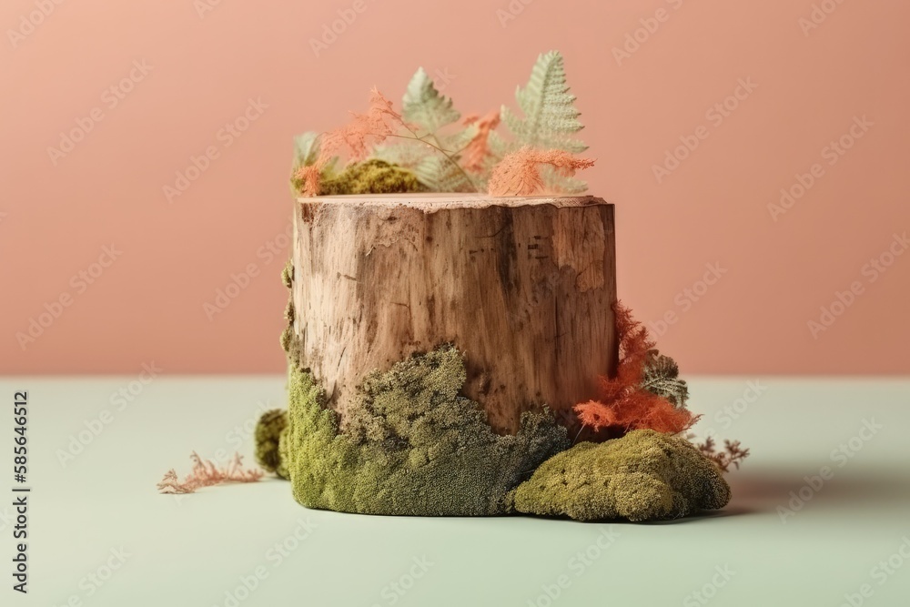 moss-covered tree stump with foliage. Generative AI