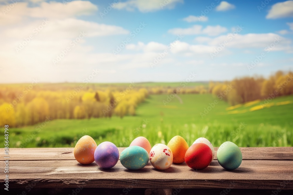 colorful painted Easter eggs arranged on a rustic wooden table. Generative AI