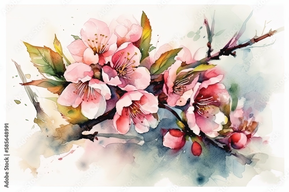 pink flowers on a branch, painted in watercolor. Generative AI