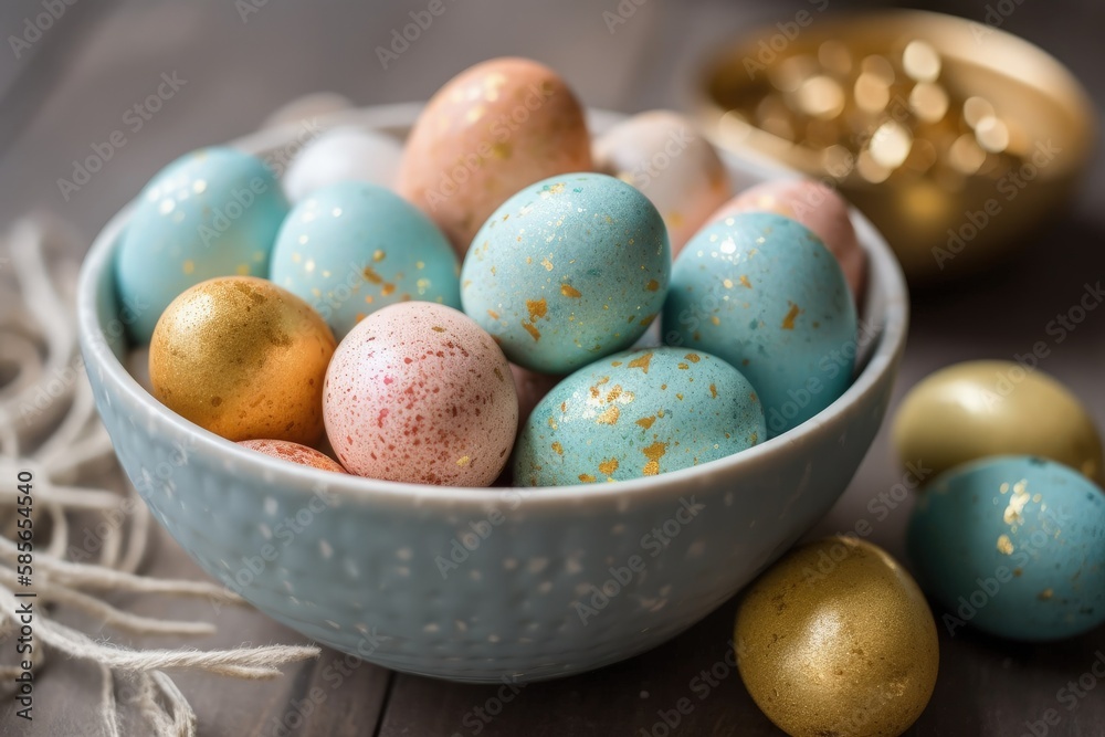 white bowl filled with speckled eggs in blue and gold colors. Generative AI