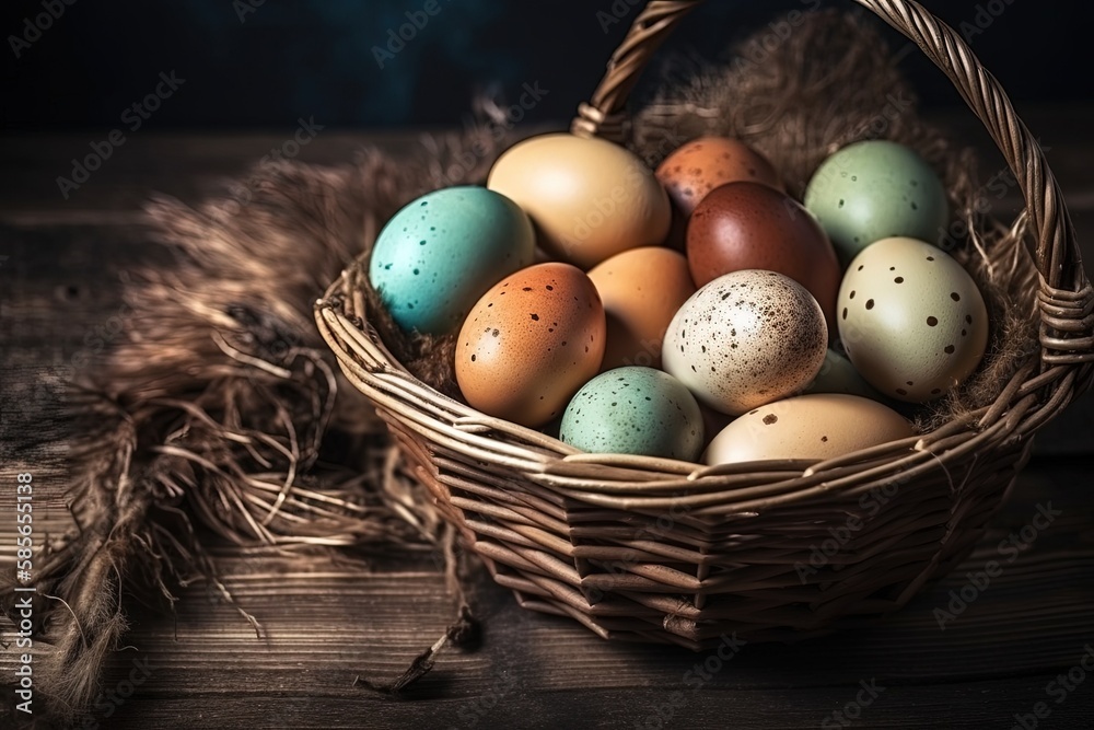 rustic basket full of fresh eggs on a wooden table. Generative AI