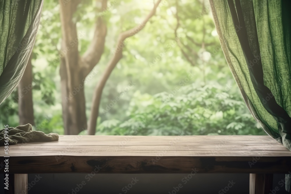 rustic wooden table set in a serene forest clearing. Generative AI