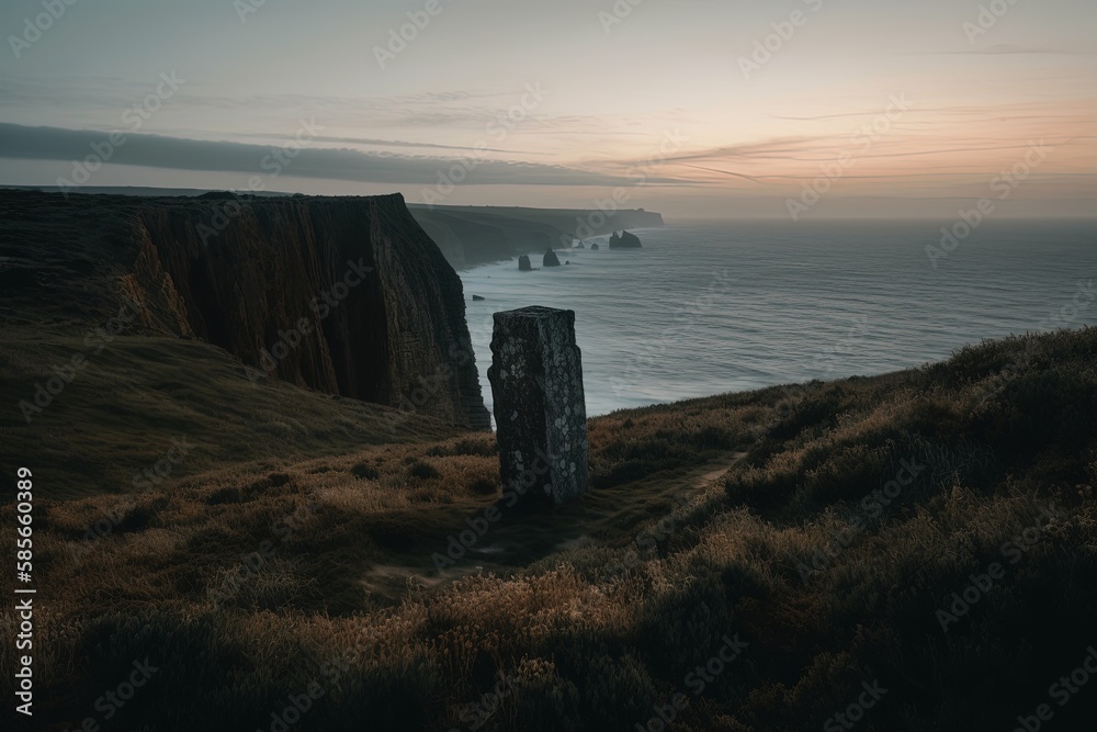 solitary rock perched atop a verdant hill. Generative AI