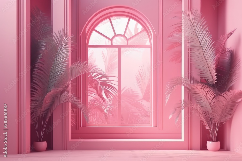 cozy pink room with natural light and greenery. Generative AI