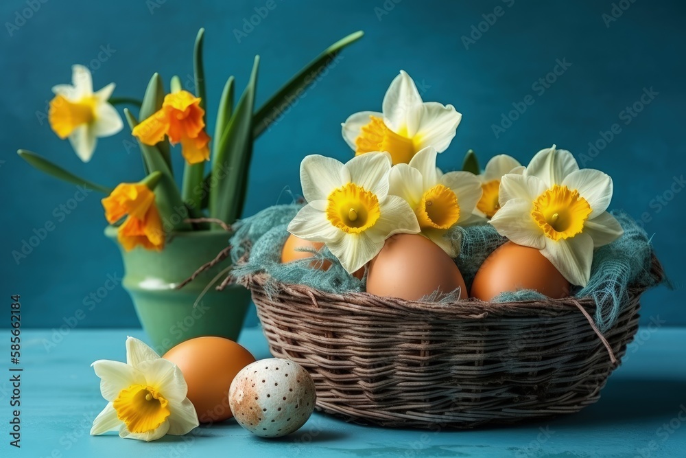 spring basket with eggs and daffodils. Generative AI