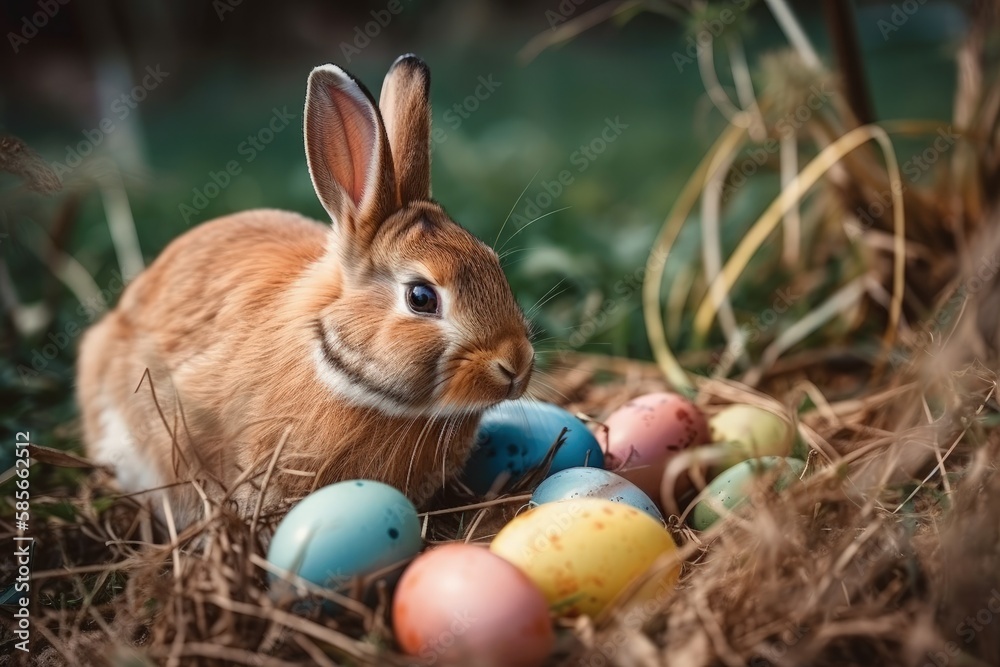 cute rabbit surrounded by colorful Easter eggs. Generative AI