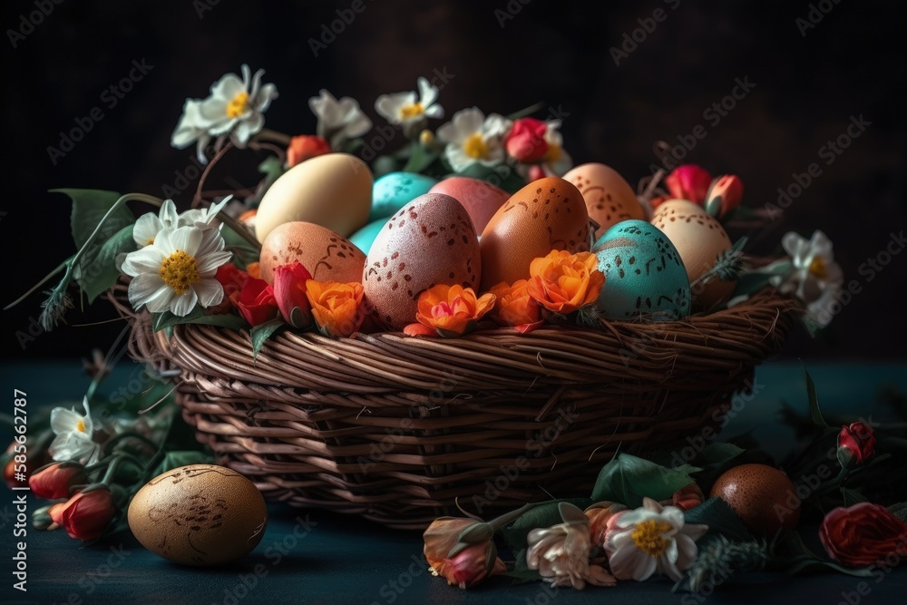 basket overflowing with vibrant Easter eggs of various sizes and colors. Generative AI