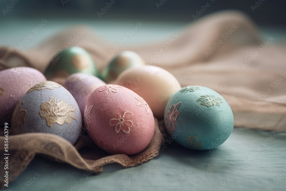 colorful Easter eggs arranged on a table. Generative AI