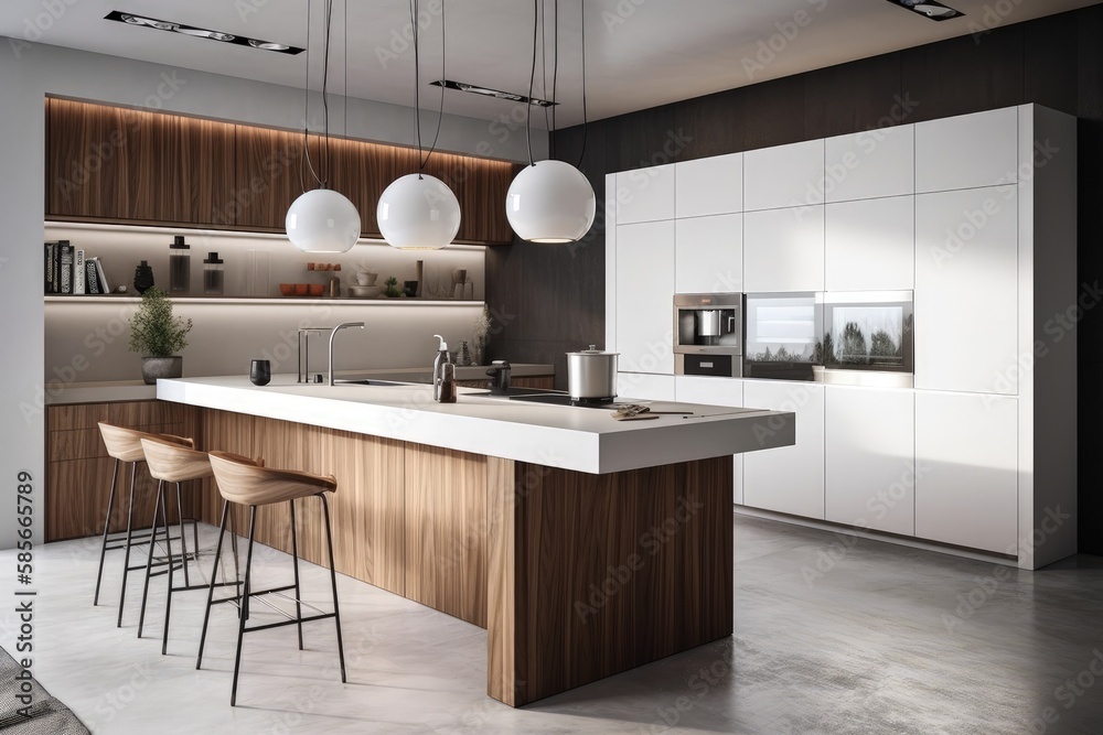 contemporary kitchen featuring a spacious island and stylish bar stools. Generative AI