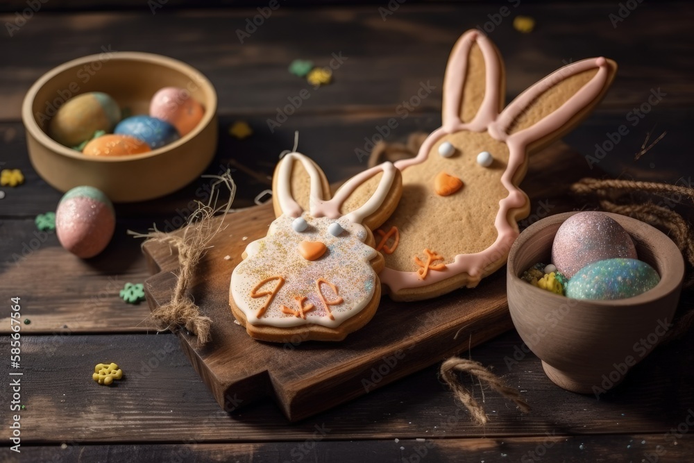 decorated Easter cookies shaped like bunnies and eggs. Generative AI