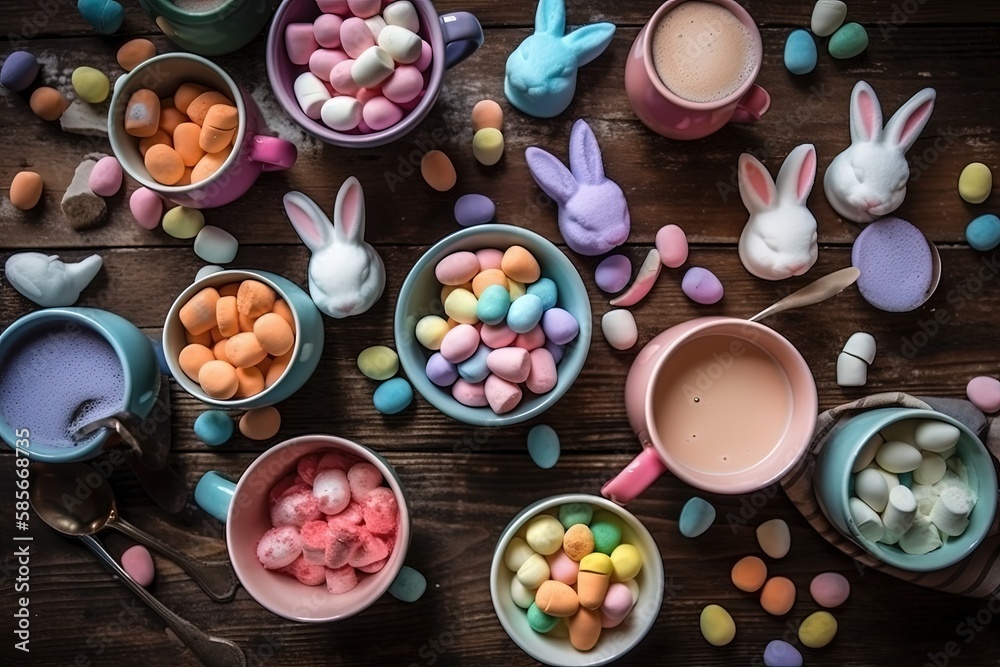 wooden table filled with colorful candy bowls. Generative AI