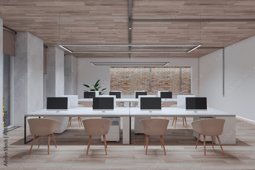 New wooden and concrete coworking office interior with furniture and equipment. 3D Rendering.