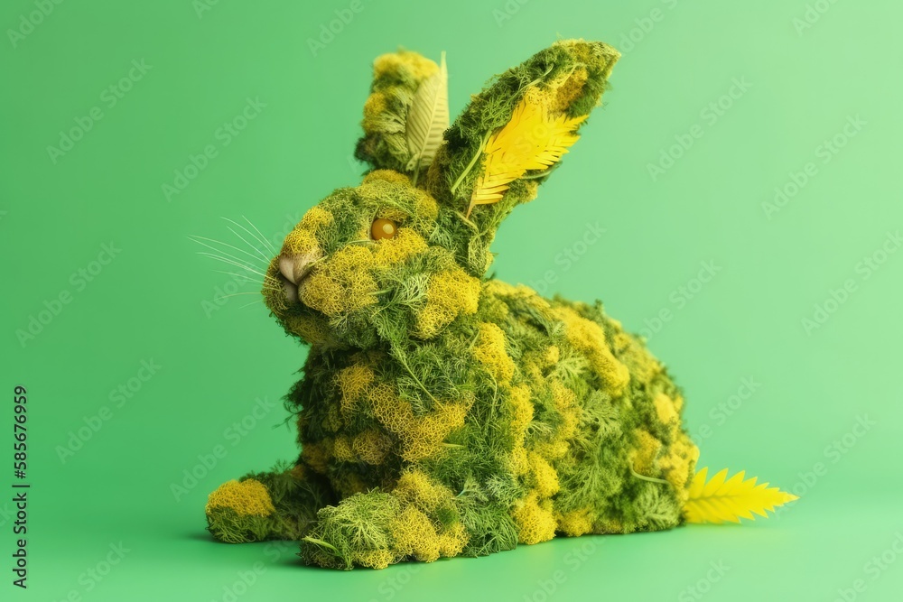 stuffed rabbit toy on a green background. Generative AI