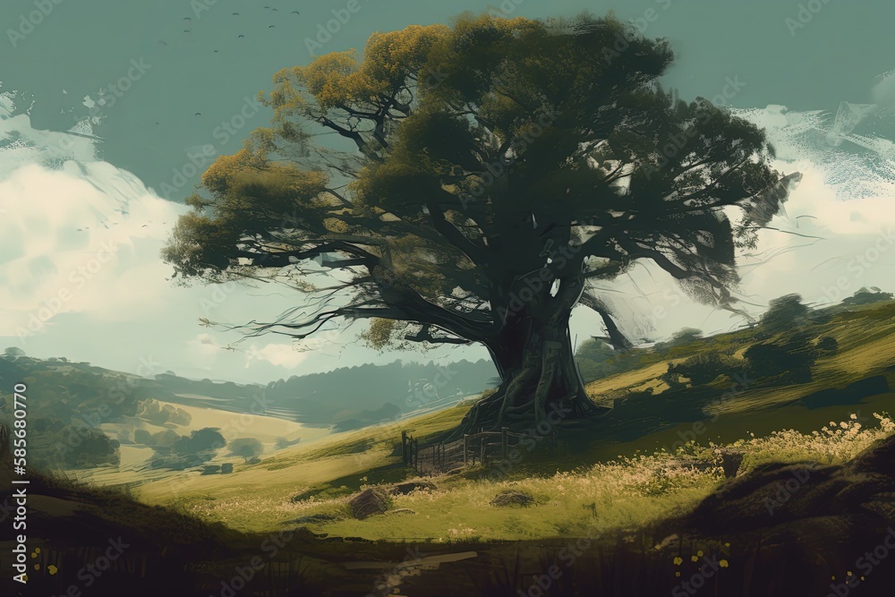 majestic tree standing on a hill with a beautiful sky in the background. Generative AI