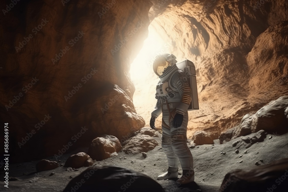 lone astronaut exploring a mysterious cave on an alien planet. Generative AI