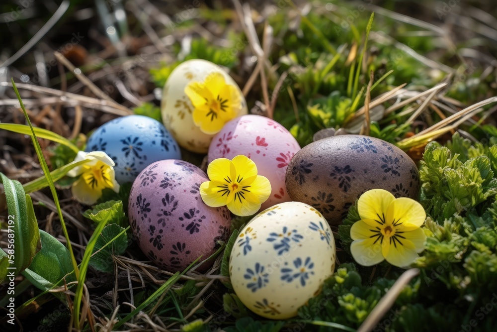 colorful Easter eggs nestled in the green grass. Generative AI