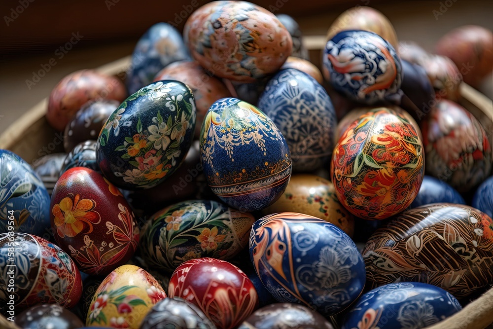 basket overflowing with vibrantly painted Easter eggs. Generative AI