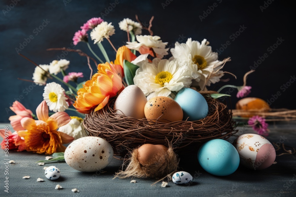 rustic table setting with a basket of eggs and flowers as the centerpiece. Generative AI