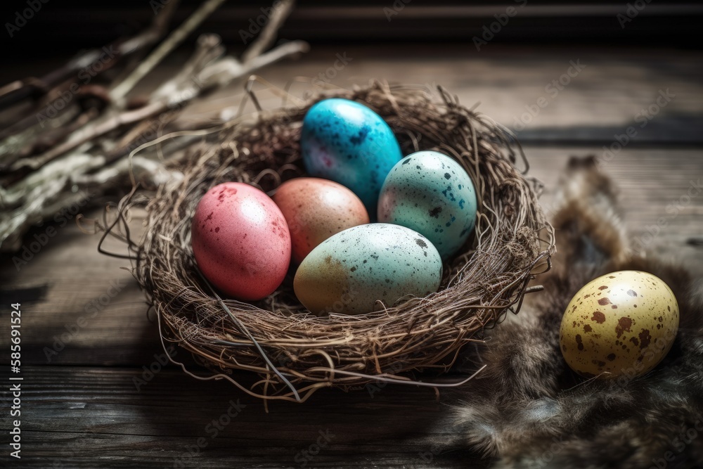 Bird Nest Filled with Eggs on a Wooden Tabl. Generative AI