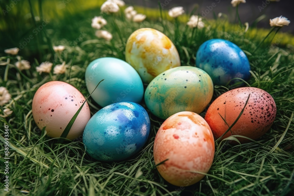 group of colorful Easter eggs hidden among the grass. Generative AI