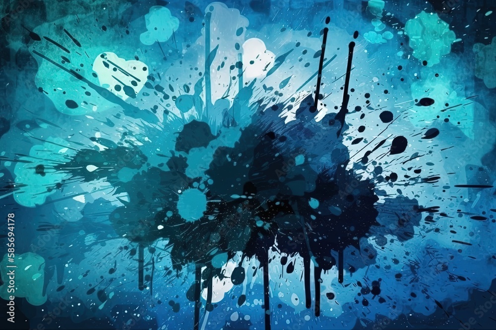 abstract blue and black paint splatters on a blue backdrop. Generative AI