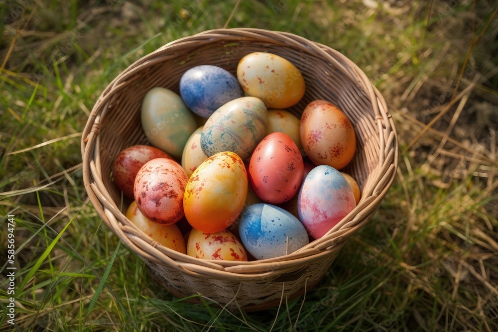 basket filled with brightly colored painted eggs on a pastel background. Generative AI