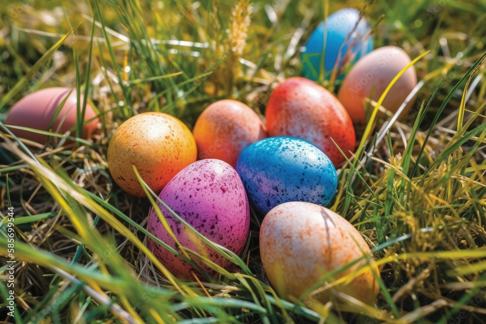 colorful easter eggs hidden in a grassy field. Generative AI