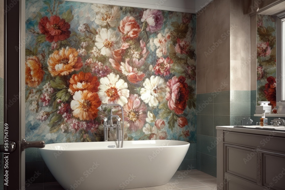 Cozy Bathroom with Floral Wallpaper and a Bathtub. Generative AI