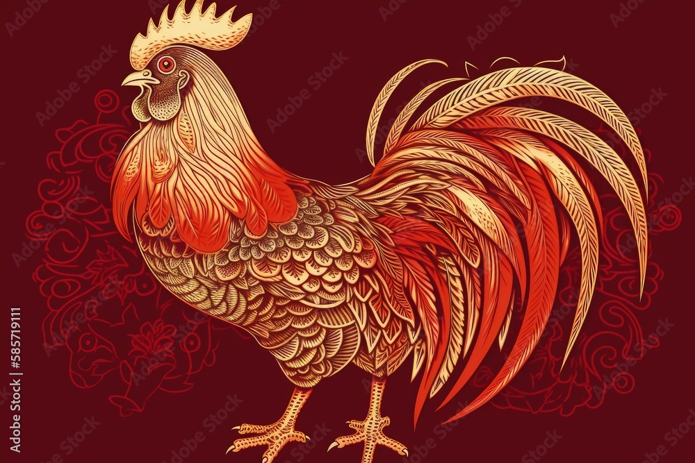 majestic red and gold rooster on a vibrant red background. Generative AI