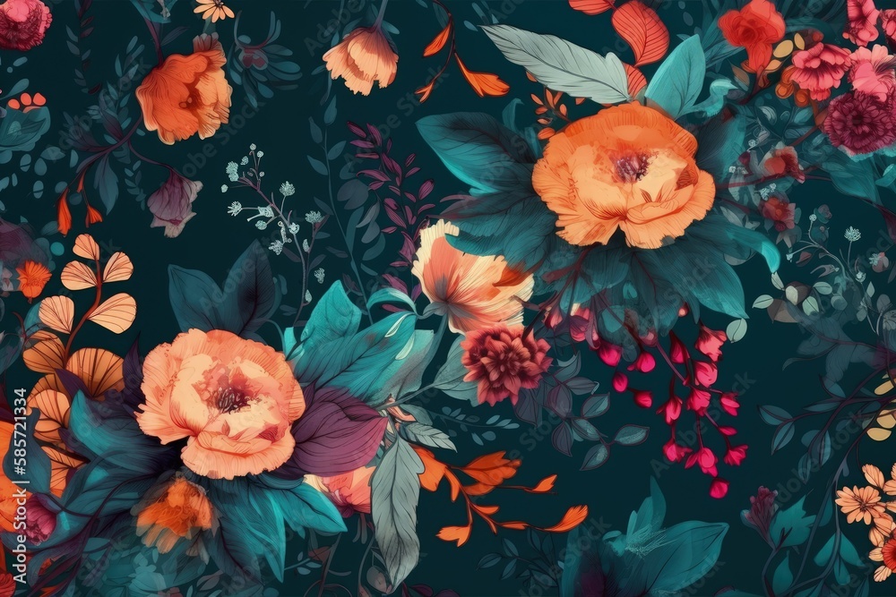 floral wallpaper with orange and pink flowers. Generative AI