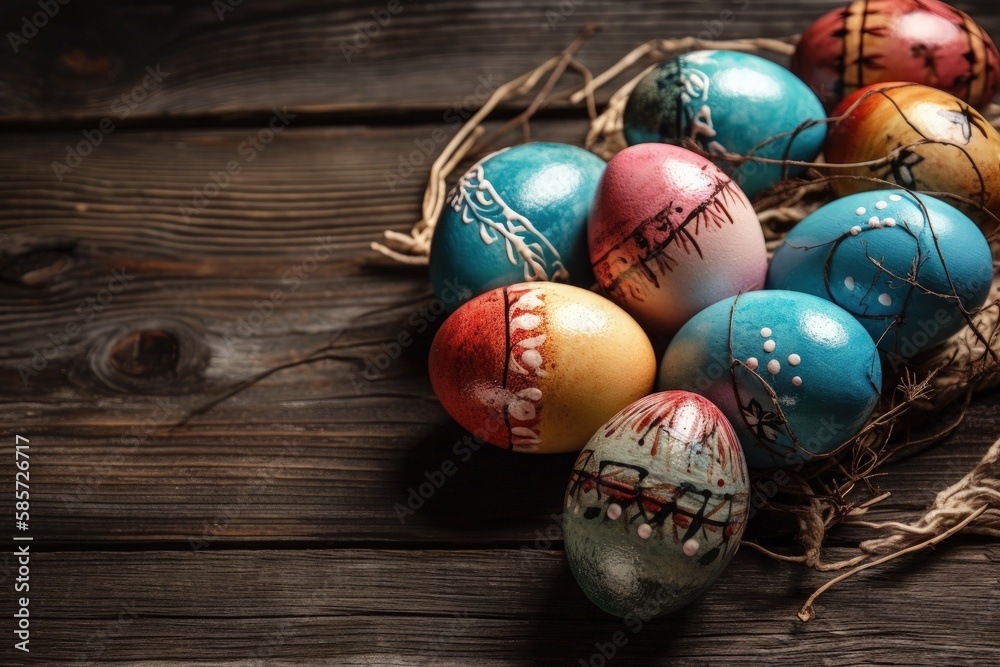 colorful Easter eggs arranged on a rustic wooden table. Generative AI