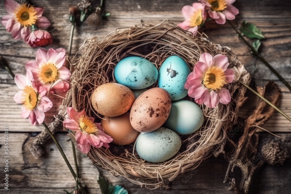 birds nest filled with eggs surrounded by colorful flowers. Generative AI