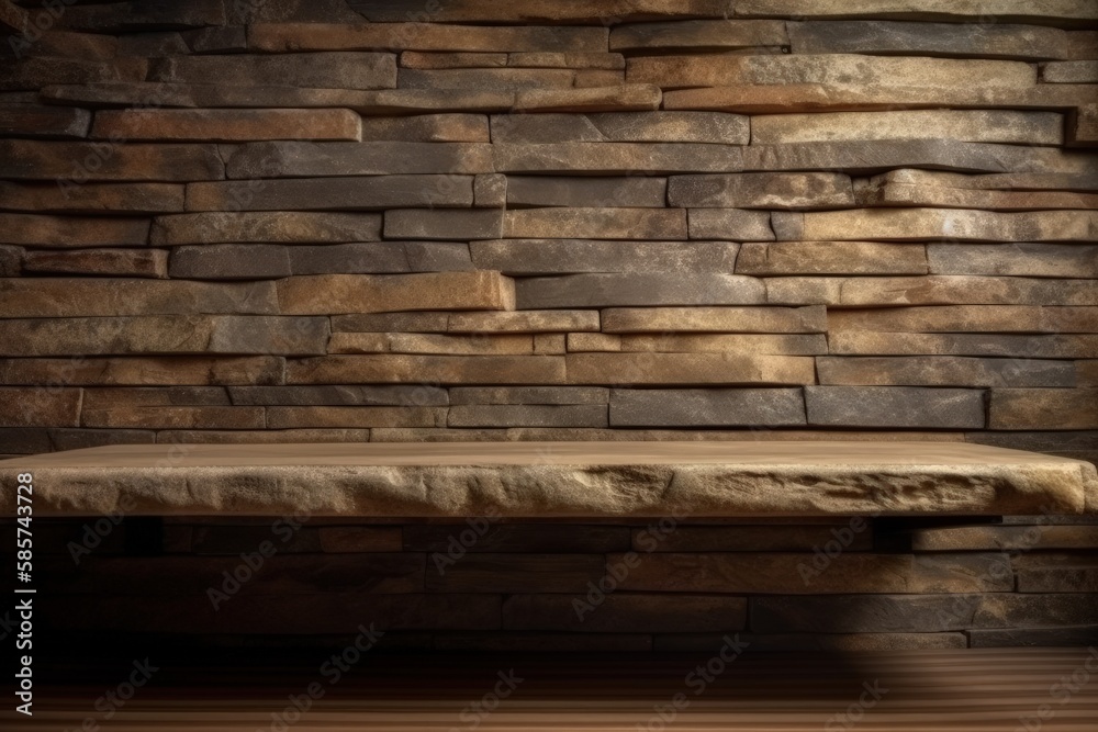 wooden bench placed in front of a textured stone wall. Generative AI