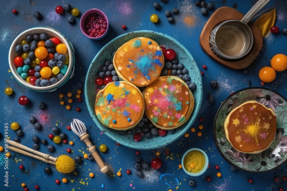 stack of colorful pancakes with sprinkles on top, served on a table. Generative AI